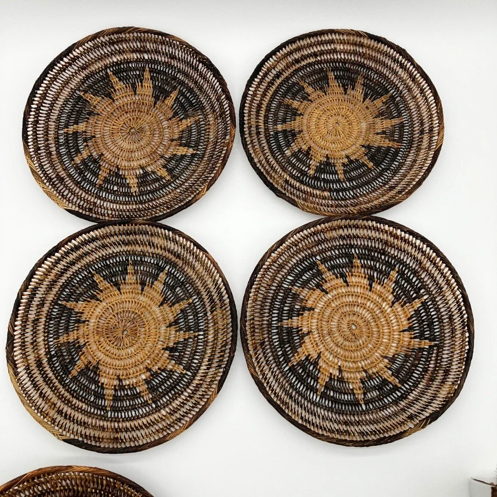 Vintage Woven Rattan Plate Chargers 12 Inch Brown Sunburst Wall Decor Set of 6